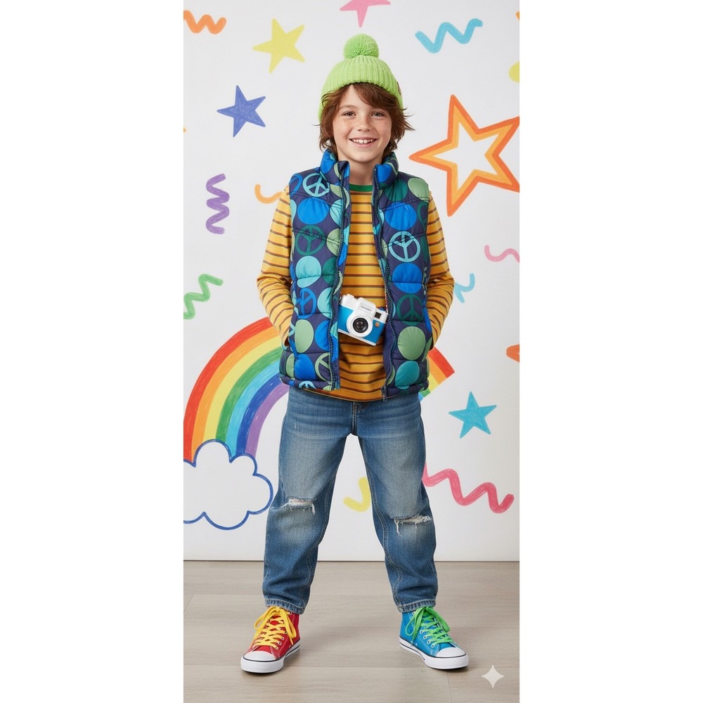 Kids‎ Puffer Vest Large Peace Sign Blue Green Purple Kidcore Retro Zip Old Navy